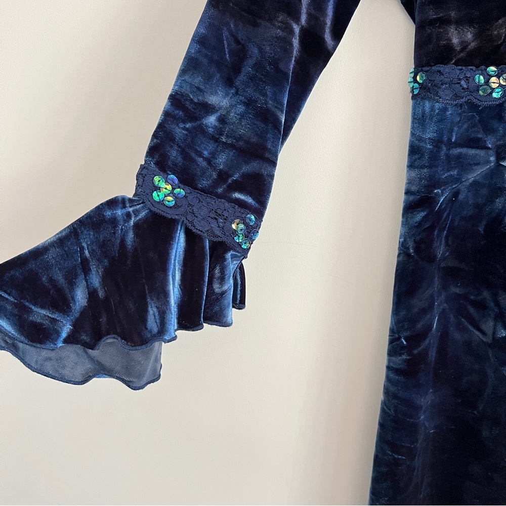 Y2K Whimsy Goth Navy Blue Velvet Maxi Dress Bell Sleeve Girls Size 14 Witchy - Picture 7 of 10
